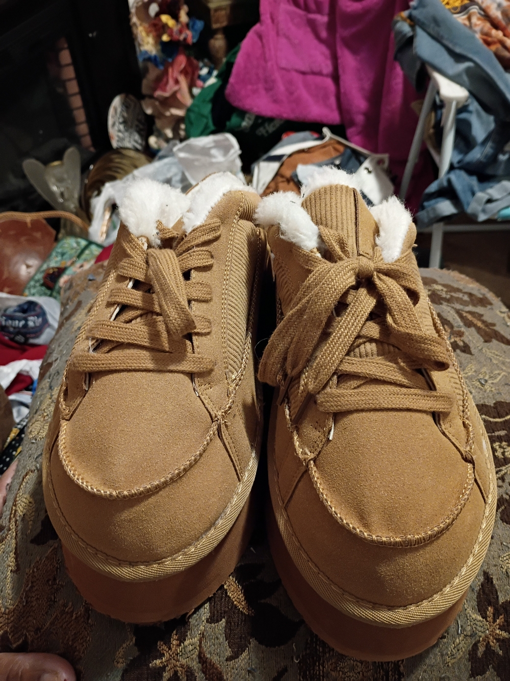 AKIRA Tan Suede Platform Wedge Sneakers with White Faux Fur